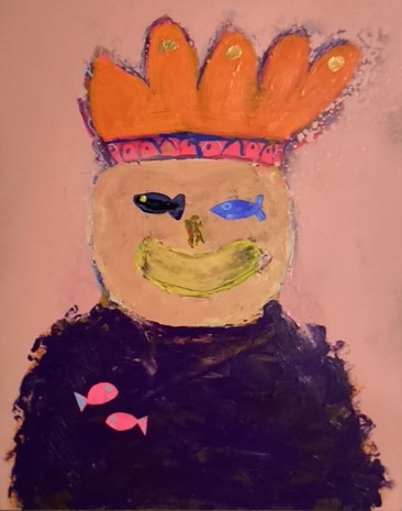 Blandede medier maleri Konge der går i fisk af Helle Olesen malet i 2025