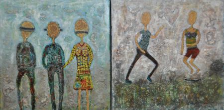 Blandede medier maleri Ikke se, ikke høre, ikke tale og Rend og hop af Helle Jensen malet i 