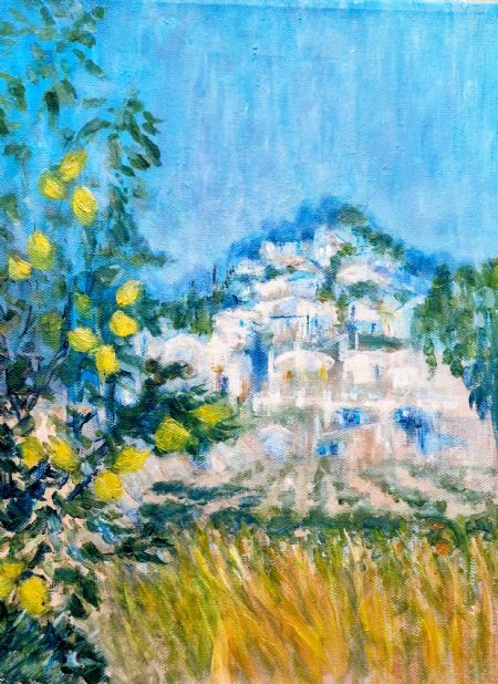 Akryl maleri 'Citronlandskab' af Aase Lind malet i 