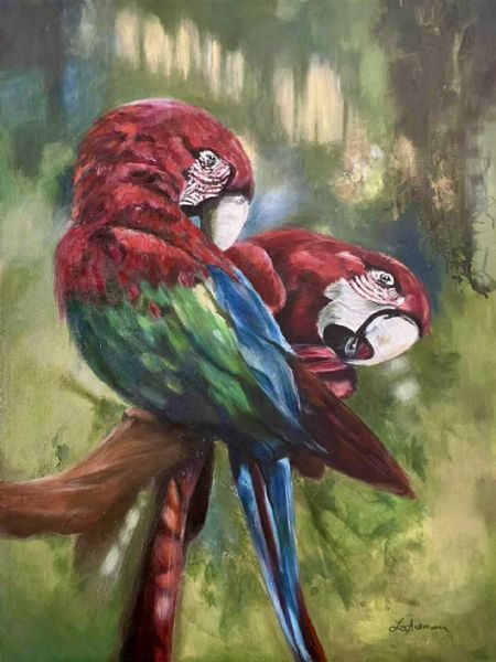 Akryl maleri Parrots af Line Aallmann malet i 2025