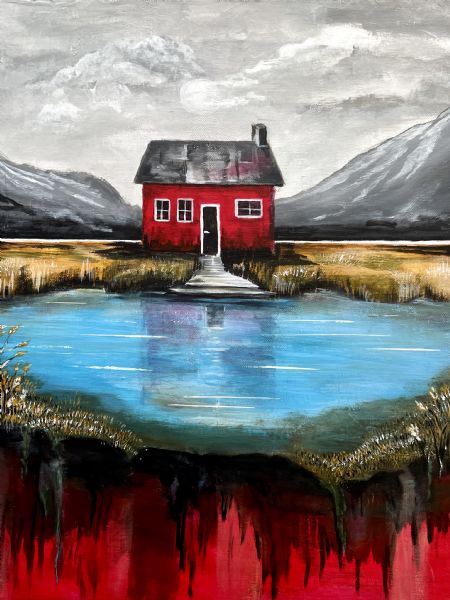 Akryl maleri Det røde hus ved den blå sø af Vibeke Findshøj malet i 2025