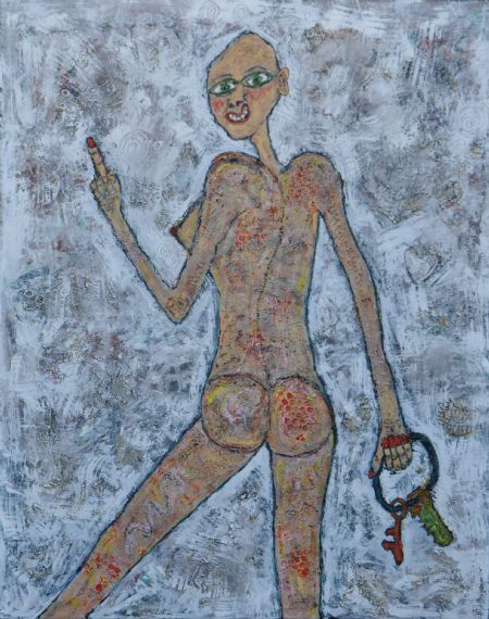 Blandede medier maleri Røv og nøgler. www.Galleri-HJ.dk af Helle Jensen malet i 