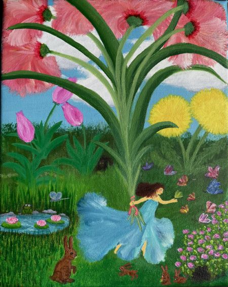 Akryl maleri Pigen med den blå kjole. af Anne Charlotte Ahlberg malet i 2025