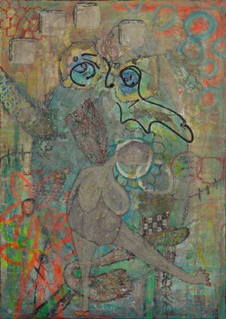 Blandede medier maleri Med træsko på. www.Galleri-HJ.dk af Helle Jensen malet i 