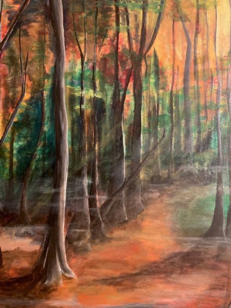 Akryl maleri Tusmørke i skov af Astrid Krarup Andersen malet i 2024