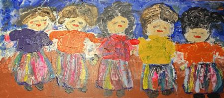 Akryl maleri 5 venezuelanske damer af Helle Olesen malet i 2025