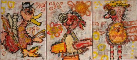 Blandede medier maleri Andemad + altid glad +ej i bad af Helle Jensen malet i 