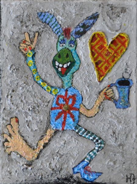 Blandede medier maleri Pakæsel. www.Galleri-HJ.dk af Helle Jensen malet i 