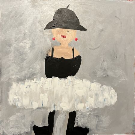 Akryl maleri En glad dame med sort hat af Helle Olesen malet i 2025