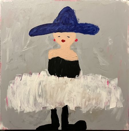 Akryl maleri En glad dame med blå hat af Helle Olesen malet i 2025