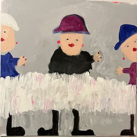 Akryl maleri En glad dreng med nedredel af Helle Olesen malet i 2025