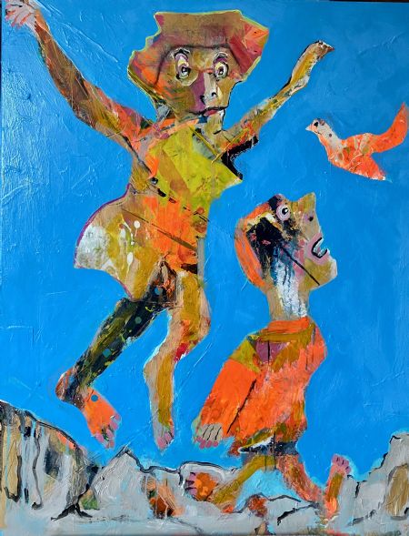 Akryl maleri Mormor på hoppepuden. af Henrik Diget Thomsen malet i 2025