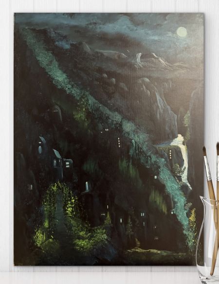 Akryl maleri Moonlit Village af Anette Thorup Hansen (ATH) malet i 2025