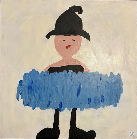 Akryl maleri Træt pige i blå nederdel af Helle Olesen malet i 2025