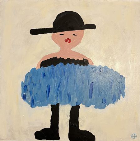 Akryl maleri Eftertænksom pige i blå nederdel af Helle Olesen malet i 2025