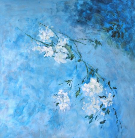 Akryl maleri 'White Flowers in Blue' no. 5 af Aase Lind malet i 