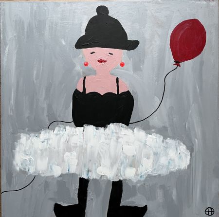 Akryl maleri Glad pige med ballon af Helle Olesen malet i 2025