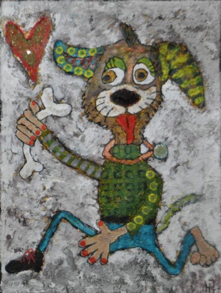 Blandede medier maleri Elsker ben. www.Galleri-HJ.dk af Helle Jensen malet i 