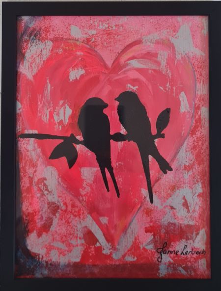 Akryl maleri Hjertenskær III, Pink/Sølv af Janne Lerbech malet i 