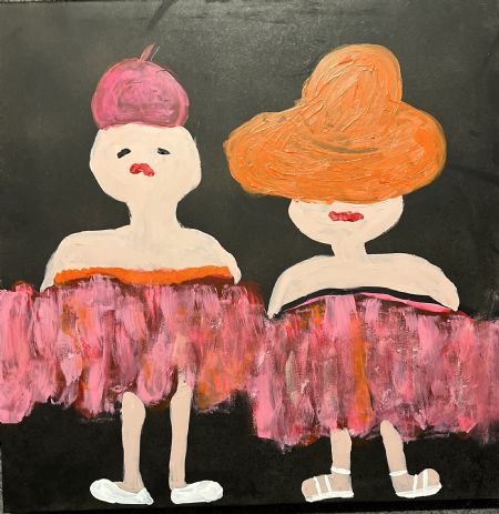 Akryl maleri To små lyserøde damer af Helle Olesen malet i 2025