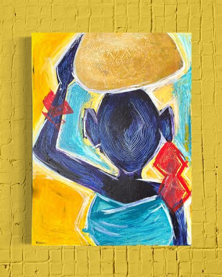 Blandede medier maleri Kvinde Med Kurv af Anna Wolsgaard Munksø malet i 2023