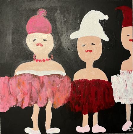 Akryl maleri to damer og en nisse af Helle Olesen malet i 2025