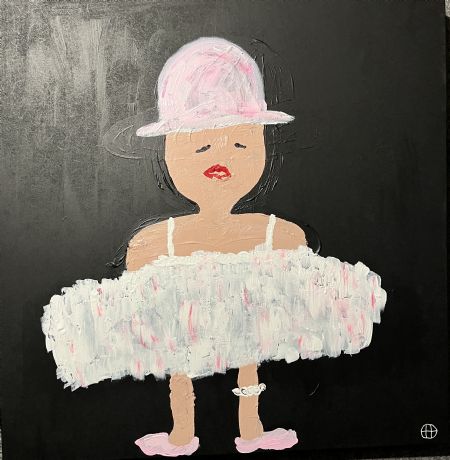 Akryl maleri Sørgmodig dame med lyserød hat. af Helle Olesen malet i 2025