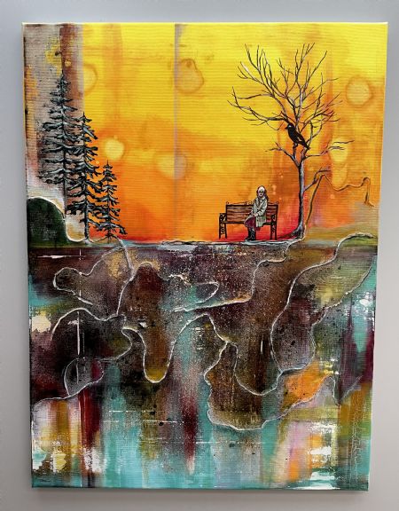 Akryl maleri Søndag på bænken af Vibeke Findshøj malet i 