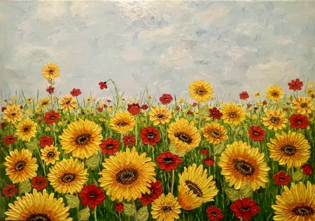 Akryl maleri Solsikkefryd af Lisbeth Storgaard malet i 2025