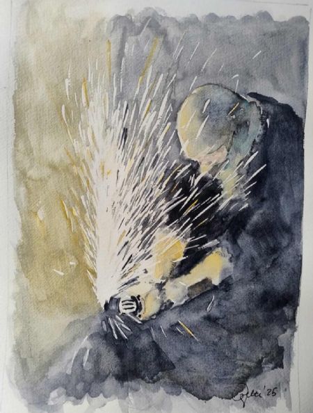 Akvarel maleri Håndværker af Jette Laursen malet i 2025