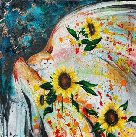 Akryl maleri Solsikke-ugle af Annemette Ask Reitzel malet i 2024