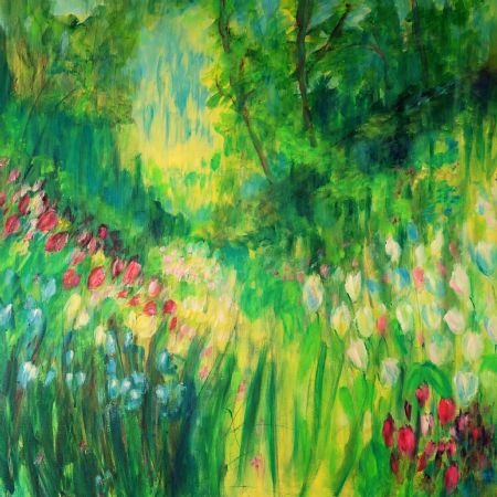 Akryl maleri 'Forår og Tulipaner' af Aase Lind malet i 