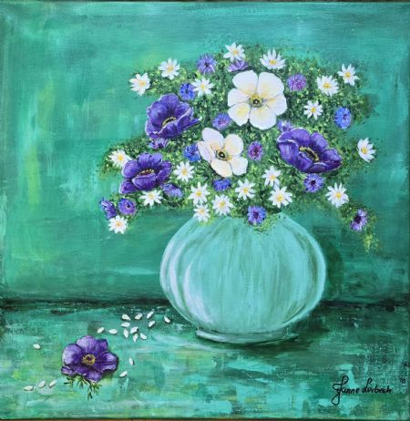 Akryl maleri Franske Annemoner i grøn symfoni af Janne Lerbech malet i 