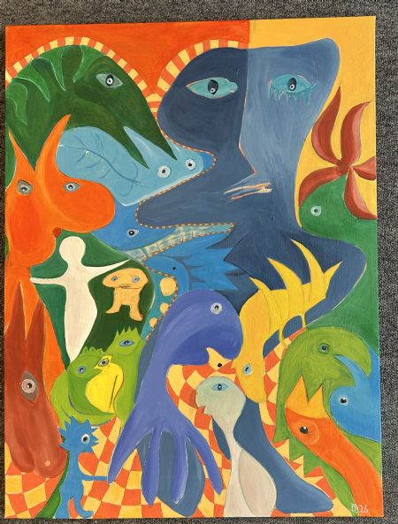 Akryl maleri En verden af væsner af Dortejust malet i 2025