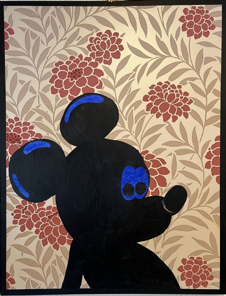 Blandede medier maleri Mickey m. blåt af Helle Olesen malet i 