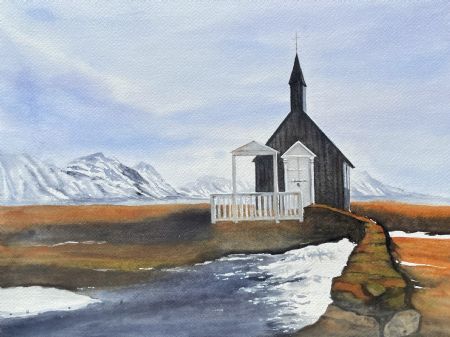 Akvarel maleri Stavkirke af Galina Landbo malet i 