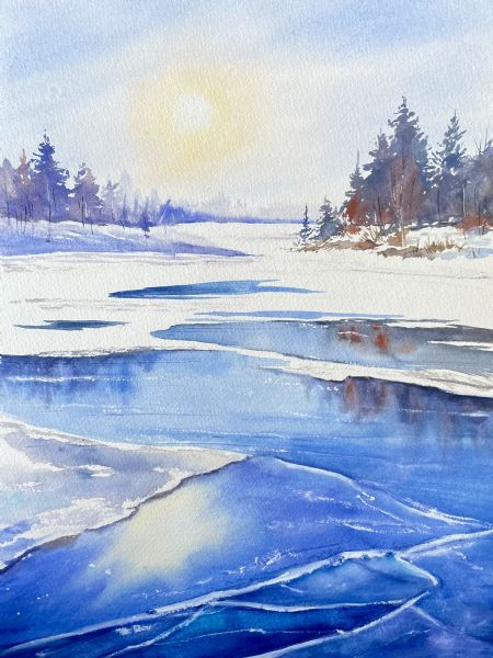 Akvarel maleri Frossen sø af Galina Landbo malet i 