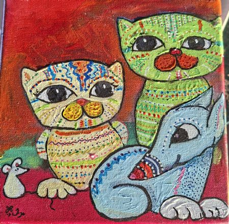 Akryl maleri kat og kat og hund af Inge Toft malet i 2025