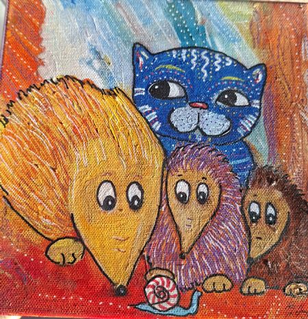 Akryl maleri pindsvin og kat af Inge Toft malet i 2025