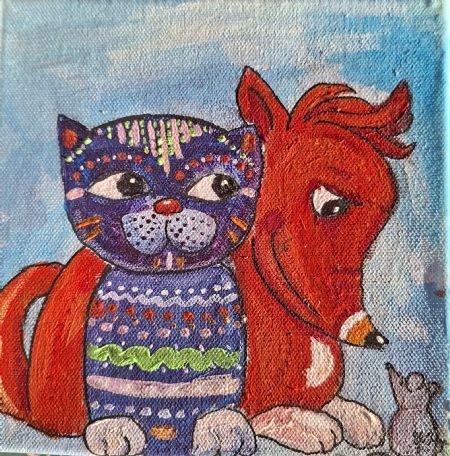 Akryl maleri hund og kat af Inge Toft malet i 2025