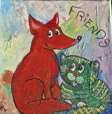 Akryl maleri venner af Inge Toft malet i 2025