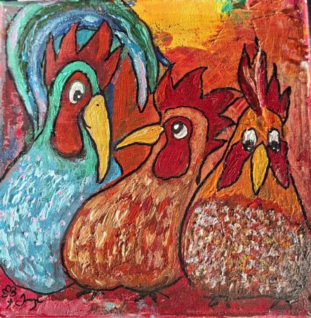 Akryl maleri hønsegården af Inge Toft malet i 2025