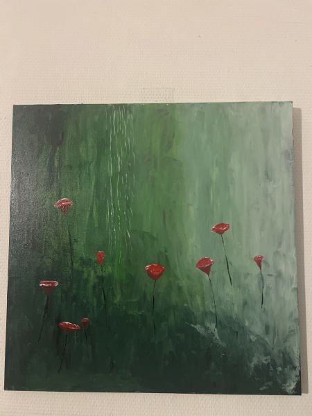 Akryl maleri Rød blomster i grøn af Shuang Liang malet i 2025