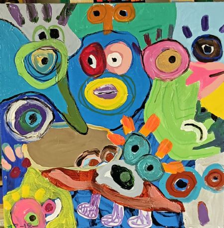 Akryl maleri familie 1 af Troels Ibsen Pedersen malet i 2018