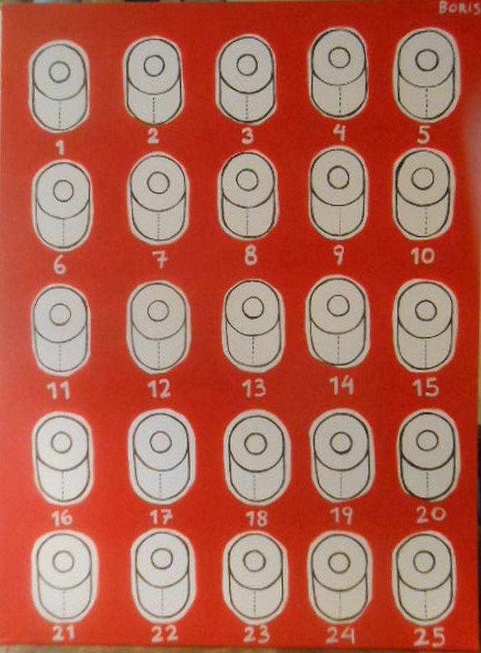 Akryl maleri 25 toilet paper rolls af Boris Grann malet i 2025