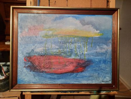 Akryl maleri Solstråler på robåd af Sanne Bülow malet i 2026