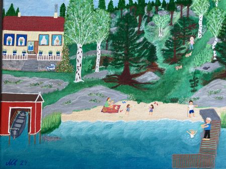 Akryl maleri Store søster lærer at svømme af Anne Charlotte Ahlberg malet i 2024