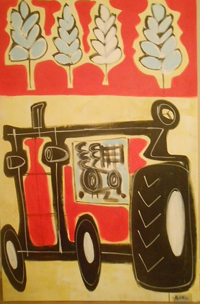 Akryl maleri Il trattore rosso af Boris Grann malet i 2025