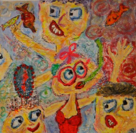 Blandede medier maleri Ka´ svøm´. www.Galleri-HJ.dk af Helle Jensen malet i 