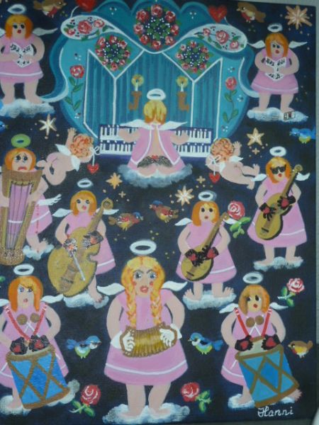 Akryl maleri Englemusik af Hannelore Rossenell malet i 2026